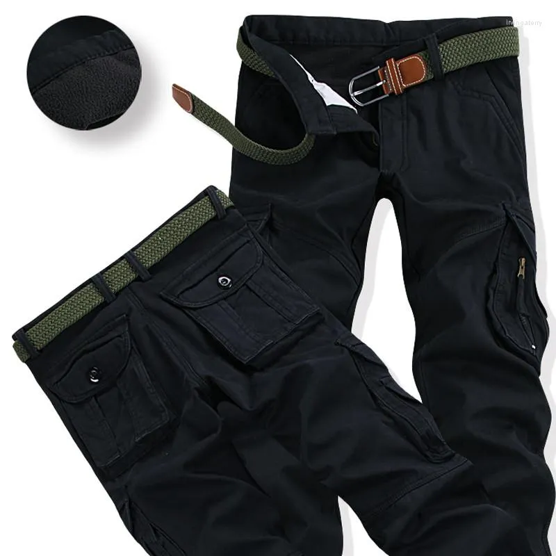 Calça masculina masculino de inverno de inverno quente cargo casual bolsões de peles calça mais tamanho 38 40 Moda Longe Baggy Joger Worker Masculino