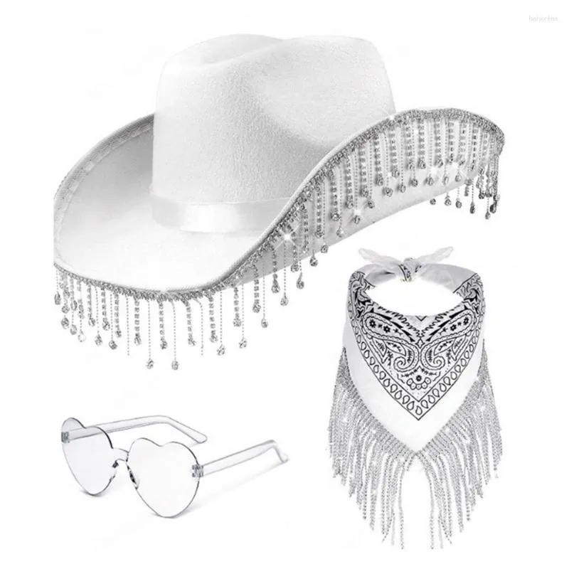 Berets Bling Cowboy Hat Disco Bandana Set Sparkling Rhinestone Western Wear Heart Sunglasses Bandanas pour les femmes