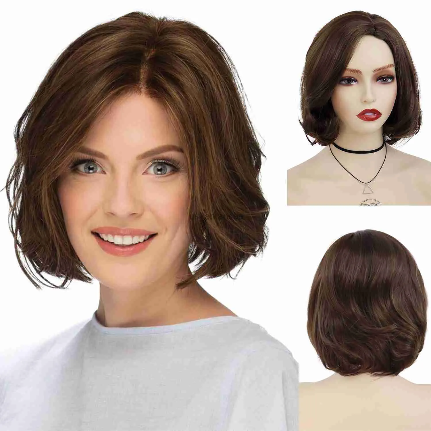 Perruques synthétiques Gnimegil Wigs synthétiques pour femmes cheveux courts couleur brune coiffure naturelle perruques bouclées Bob Mommy Wig Highlight with Side frange hkd230818