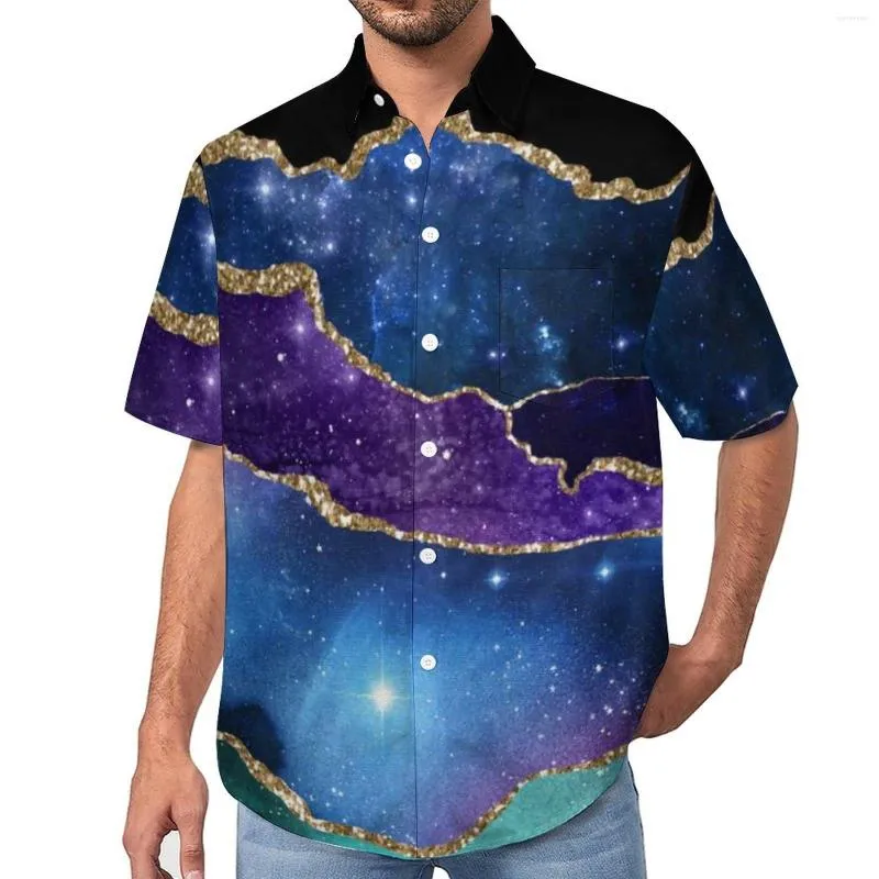 Men's Casual Shirts Purple Teal Gold Marble Blouses Man Elegant Galaxy Print Hawaii Short-Sleeve Streetwear Oversize Vacation Shirt