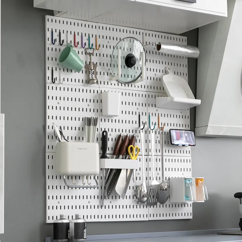 Wall Mounted Pegboard Organizer with Hooks Shelf Storage Holders for Kitchen Garage Room Plastic No Punching Needed