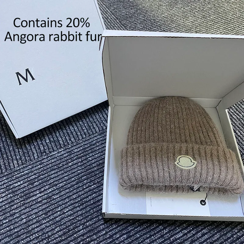 Designer wool hat knitted beanie hat with 20% Angora rabbit hair for winter warmth protection hot selling trend in Europe and America pure cotton+rabbit hair with box