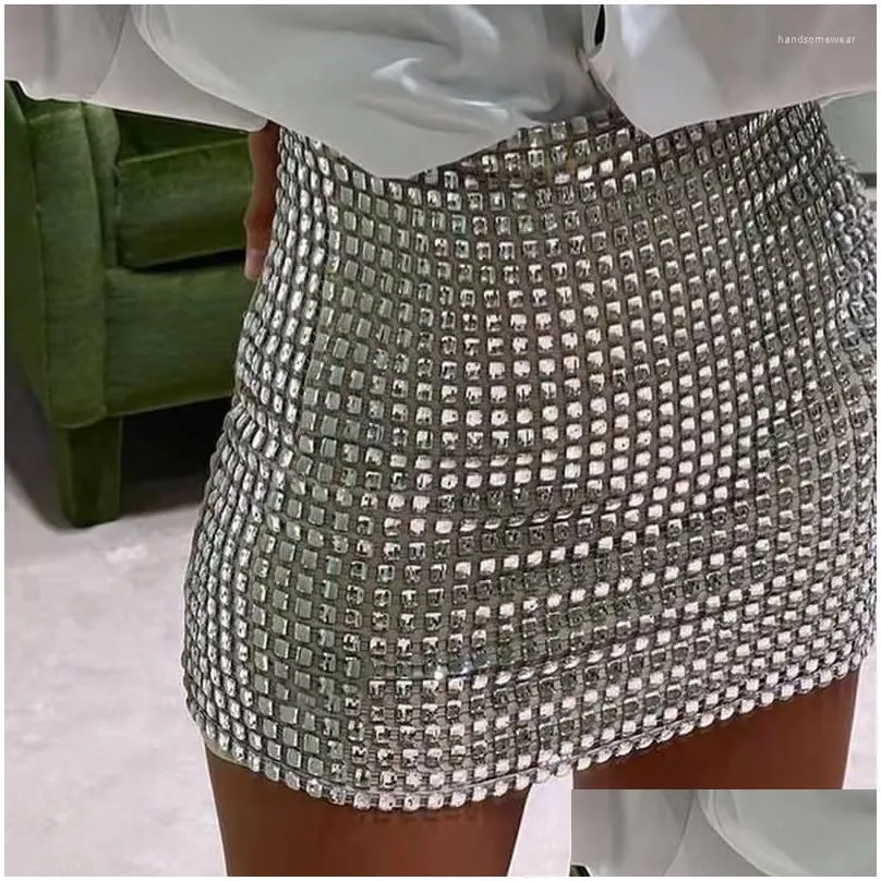 rhinestone mini skirts for women clothes sexy split see through hollow out shiny crystal diamonds solid skirts