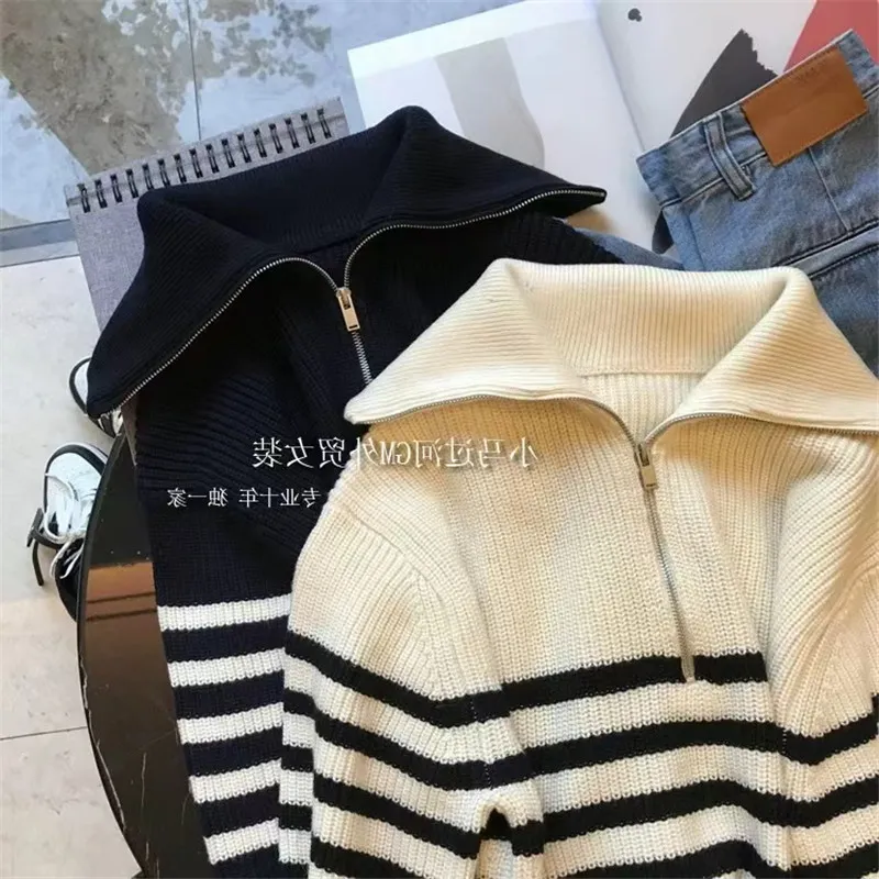 Pulls pour femmes Pull à col roulé rayé à fermeture éclair en cachemire pour femmes Couleur contrastée Manches longues Pulls épais Automne_voghion.com