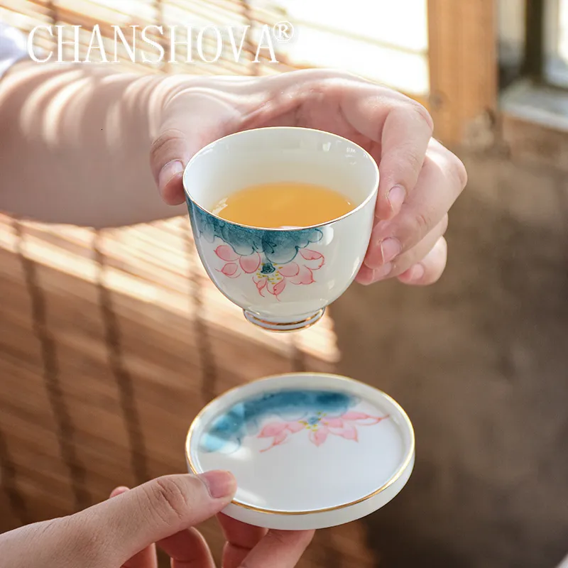 Mugs CHANSHOVA 80ml Chinese Style Hand Painted Ceramic Teacup and Saucer Set China White Porcelain Personality Tea Cups H673 230818