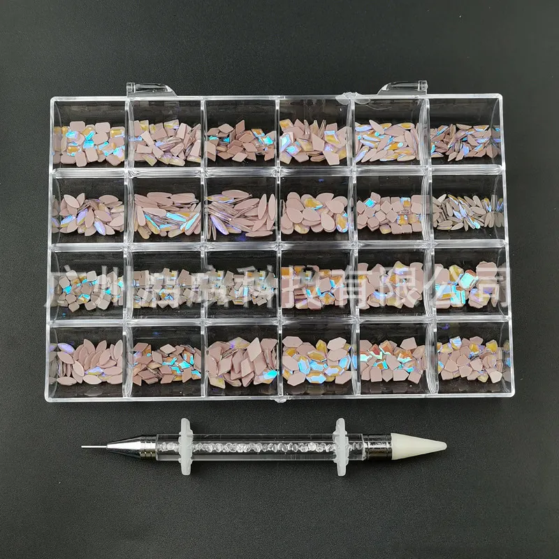 Décorations d'art à ongles 24 cellules Crystal en boîte AB 3D Verre à plat bricolage Flat Bottom Special Shaped Diamond 230816