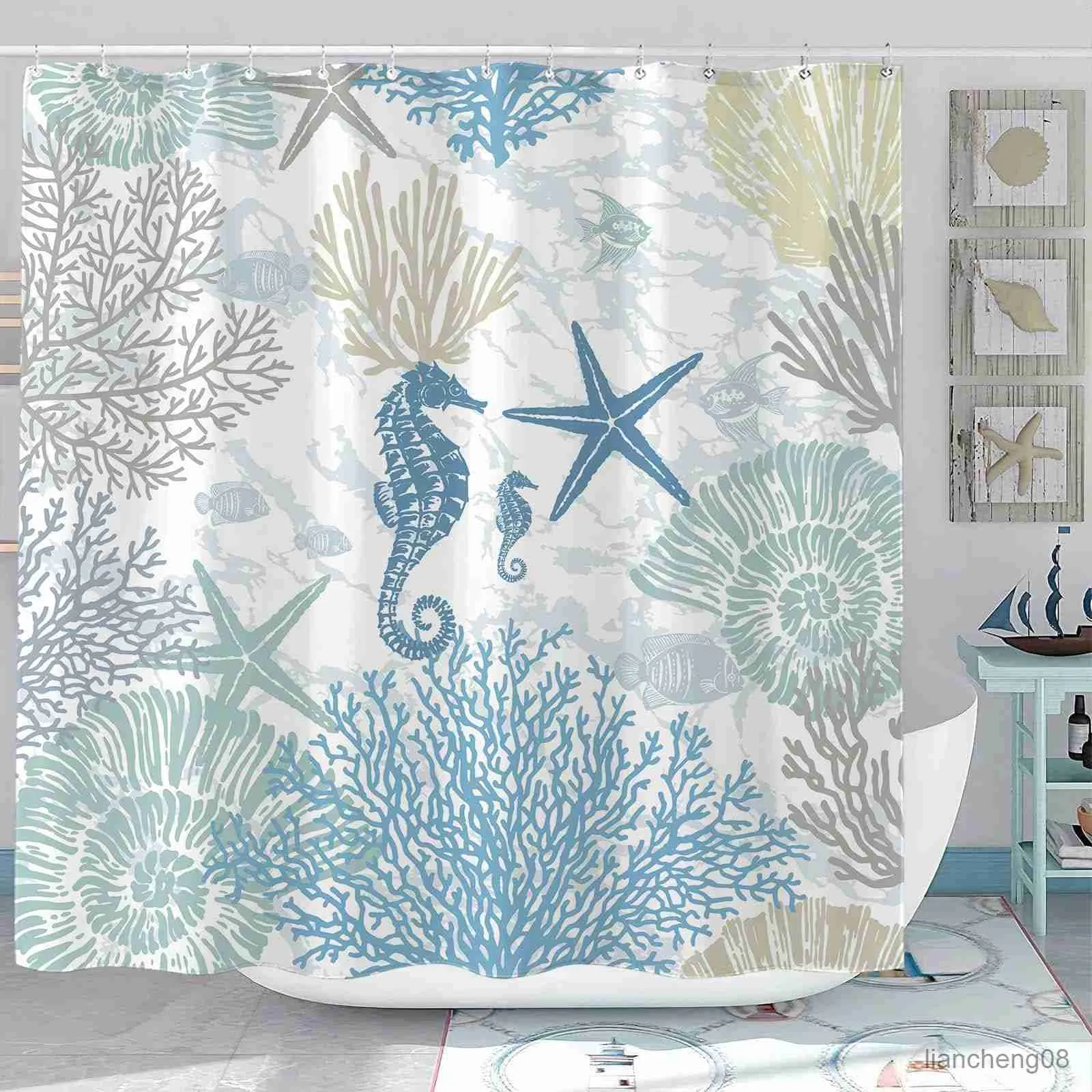 Ocean Themed Starfish Seashell Ocean Themed Shower Curtain Waterproof  Marine Bathroom Decorative From Liancheng08, $15.68