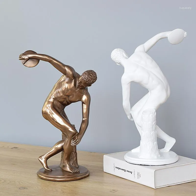 Estatuetas decorativas 34 cm Modern Creative Creative Discus Thrower Sports Sculpture Office Decoration Character Resin estátua Ornamentos de estátua em casa