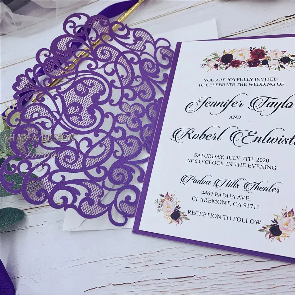 Shimmery Purple Laser Cut Pocket Wedding Invitation Suites, Customizable Invites With Respond Card And Envelope, 