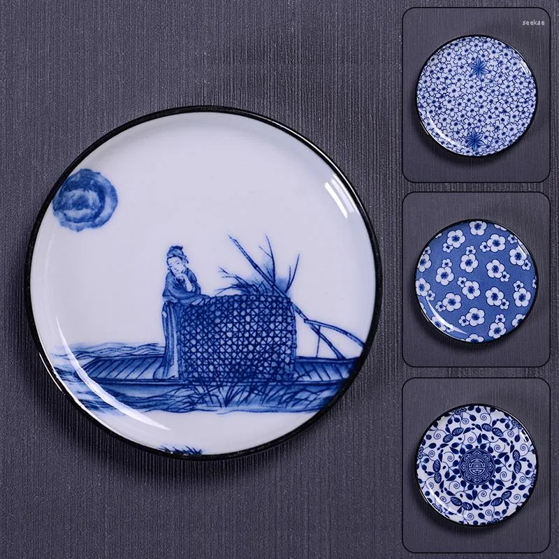 Masa Paspasları Seramik Çay Bardağı Mat Mavisi ve Beyaz Porselen Çay Pedi Ev Seti Aksesuar Çin tarzı yalıtım