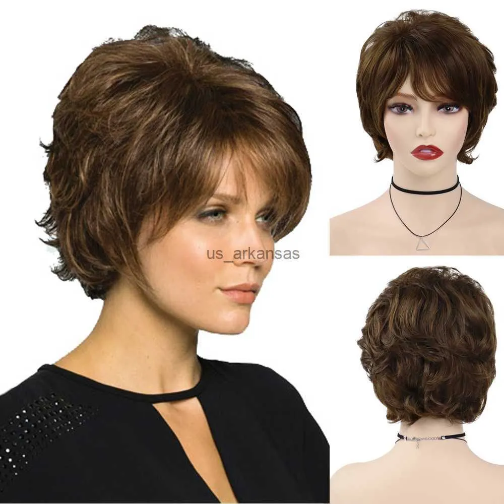 Synthetische pruiken Gnimegil Synthetische korte pruiken voor vrouwen Natural Brown Curly Pixie gelaagde kapsel Mama Wig Cosplay Halloween kostuumpruiken HKD230818