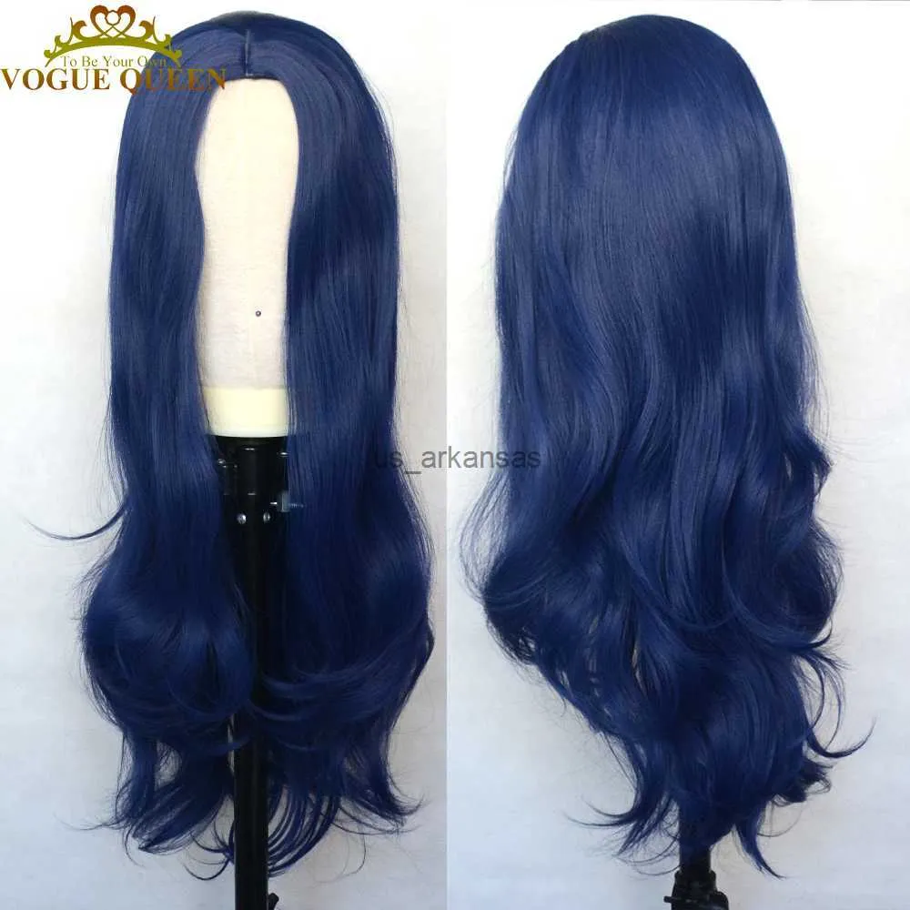 Synthetic Wigs Vogue Queen Dark Blue Synthetic Wig Natural Wave Full Machine Made Wig Heat Resistant Fiber Middle Part Daily Wearing For Women HKD230818