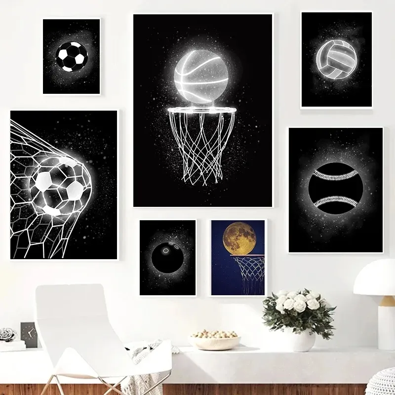 Tela dipingendo neon sport neon basket in bianco e nero da basket pallavolo palla da palla poster e stampe a parete nordica immagine per bambini decorazione palestra senza cornice wo6