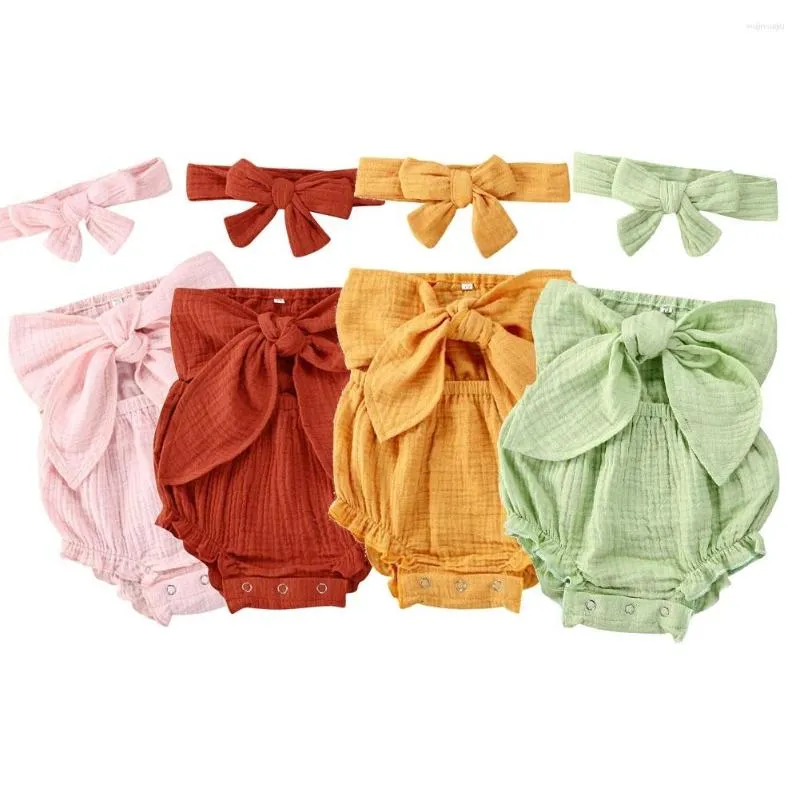 Rompers 0-24m né bébé bébé Bodys combinaisons 2pcs Solid Bowknot Sans mangettes à sauts tenues 4 couleurs