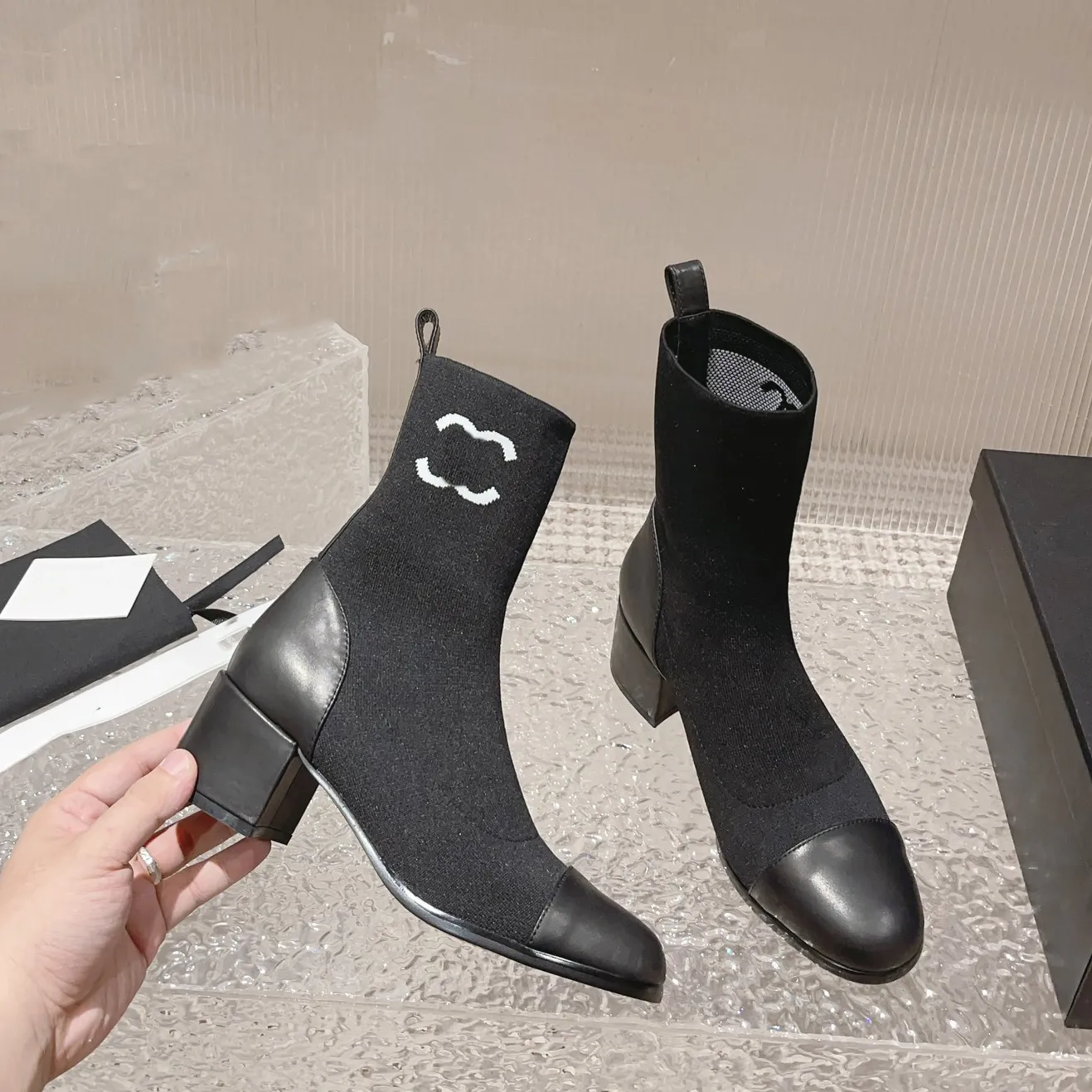 Women s Winter Leather Ankle Boots Designer Platform Sock Booties with Letter C