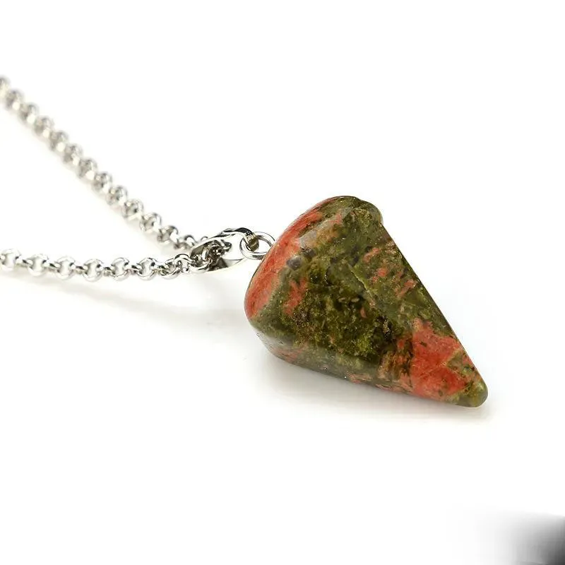 Natural Gemstone Pendant Necklace Crystal Healing Chakra Reiki Silver Stone Hexagonal Prisme Cone Pendulum Charm Necklaces