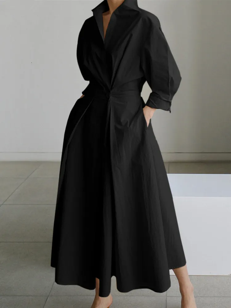 Korean Fashion Long Sleeve maxi dress with Turndown Neckline - S5XL Sizes - Chic Streetwear for Women - Autumn/Winter Collection (240124)