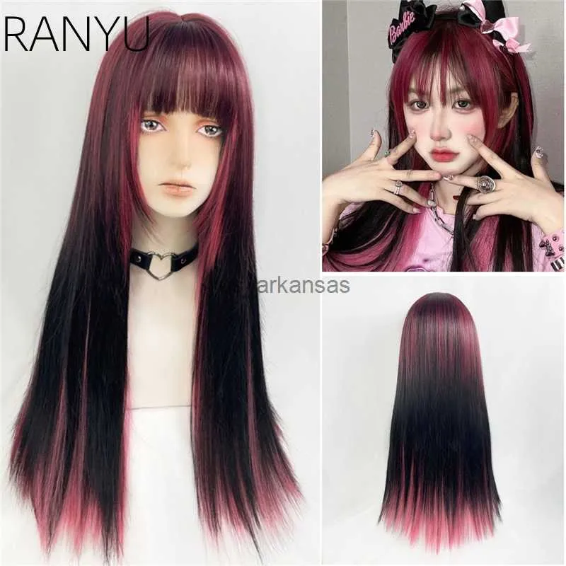 Perucas sintéticas ranyu marrom destaques rosa rosa longos perucas sintéticas longas cor de cor de dupla cor menina cosplay use diariamente com franja lolita wigs hkd230818