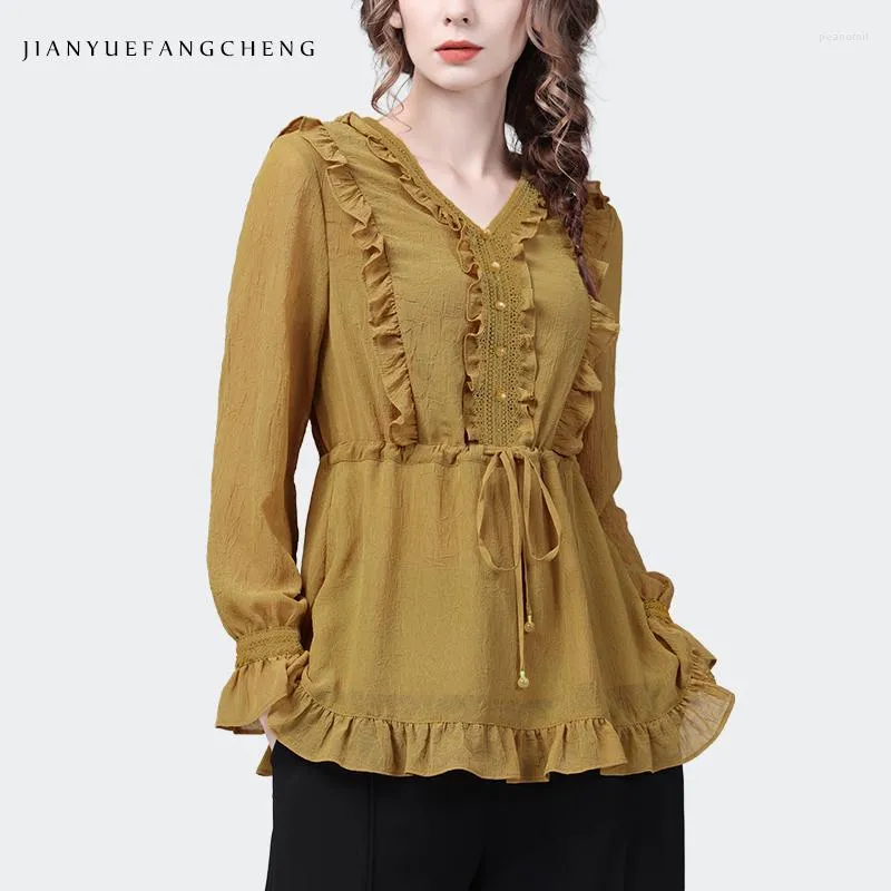 Women's Blouses Women Autumn Yellow Chiffon Blouse Long Sleeve V-neck Ruffles Tops Elegant Vintage Casual Office Ladies Shirts