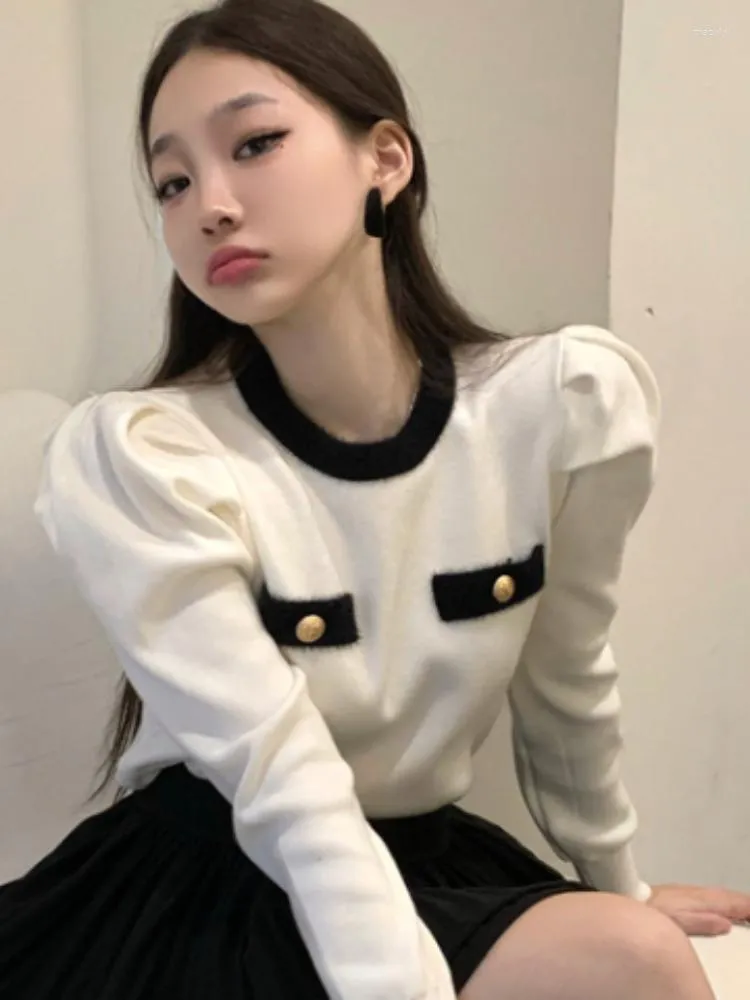 Suéteres femininos Mulheres Contraste Puff de manga comprida Tops de malha 2023 Autumn Winter Korean Cropped Sweater Moda Y2K Pullovers