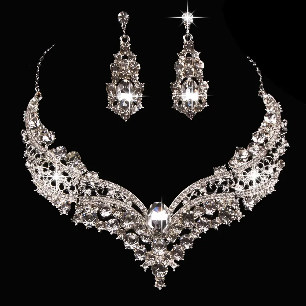  Bridal Wedding Jewelry Sets Silver Color Rhinestone Women Earrings Necklace Sets Engagement Jewelry for Bride