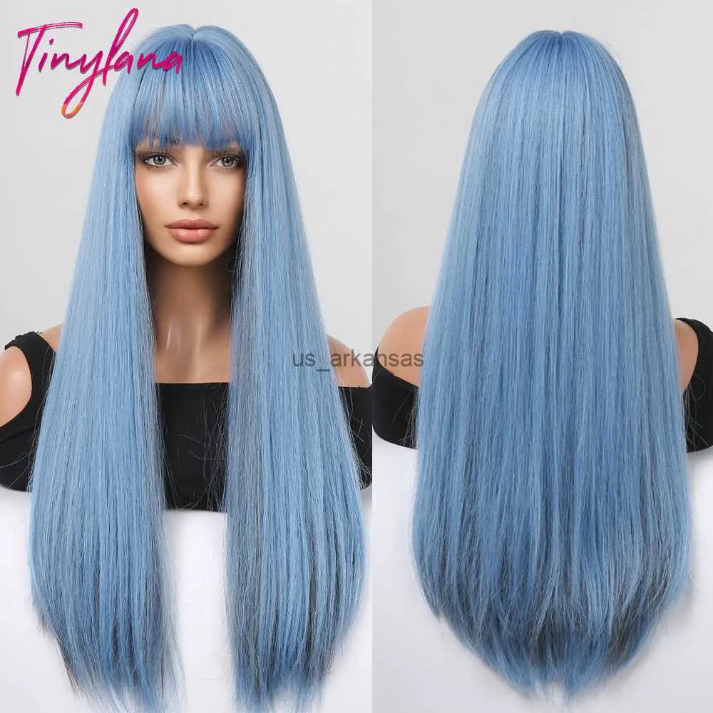 Synthetic Wigs Light Blue Gray Long Straight Synthetic Hair Wigs with Bangs for White Women Afro Cosplay Party Daily Hair Heat Resistant Fiber HKD230818