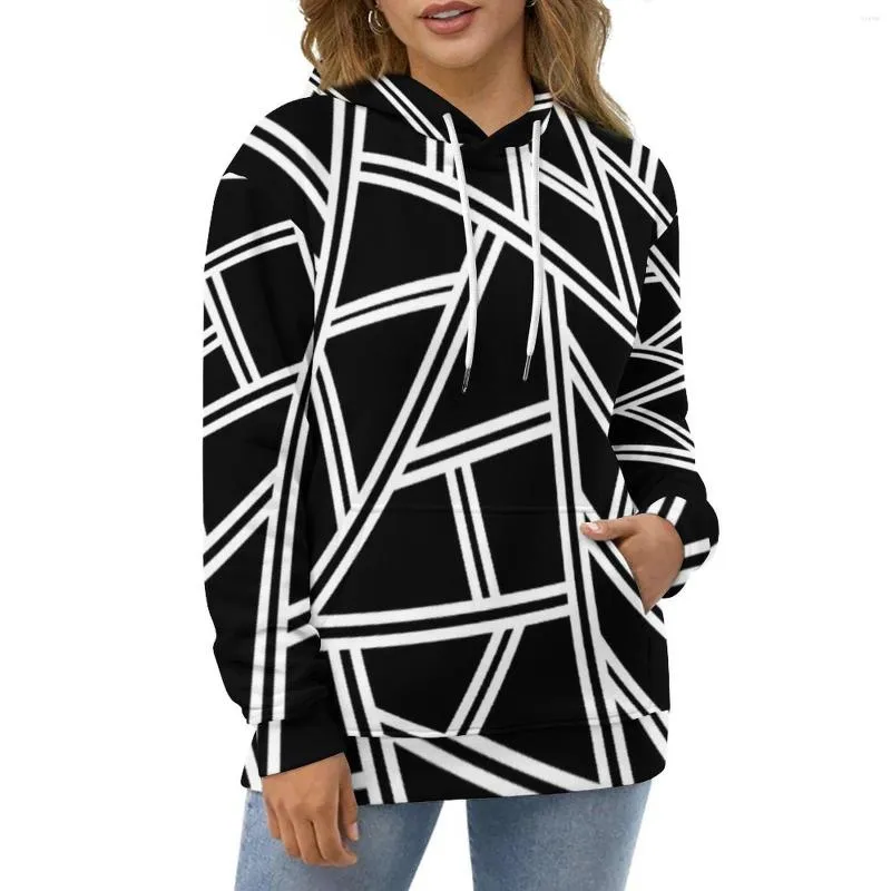 Frauen Hoodies abstrakte Geometrie Winter Schwarze Linien Drucken Hip Hop Übergroßer Hoodie Langarm