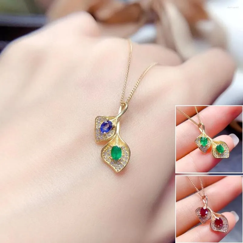 Chains MeiBaPJ 3mm 4mm Natural Emerald Sapphire Fashion Leaf Pendant Necklace 925 Pure Silver Fine Wedding Jewelry For Women