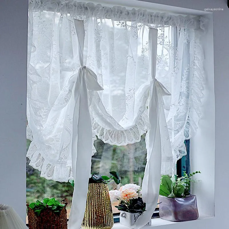 Curtain Korean Princess White Floral Lace Balloon Lifting Short Tulle For Window Door Kitchen Transparent Veil Sheer Custom