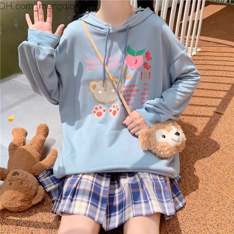 Erkek Hoodies Sweatshirts lolita kızları hoodies harajuku kaii tatlı tavşan kulak şapka kadınlar sevimli ayı baskılı sweatshirt sokak moda fermuarlı giyim z230818