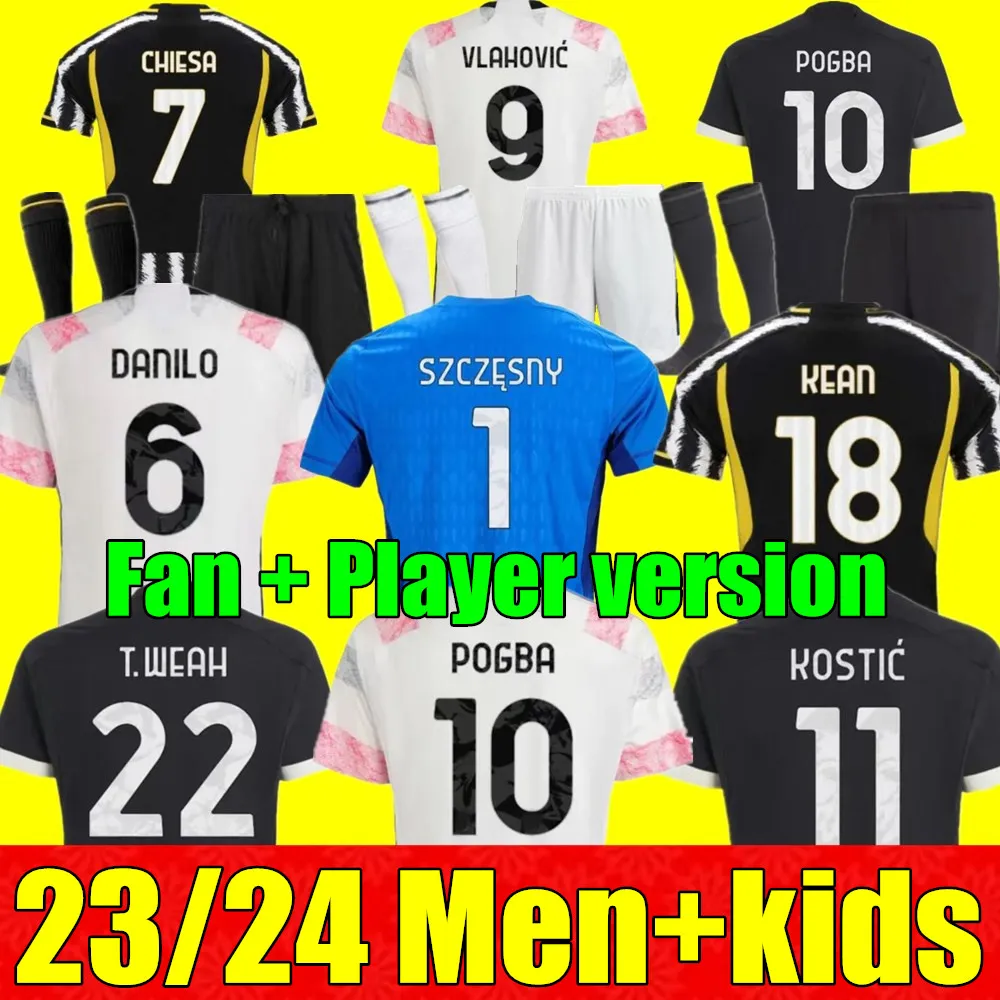 Maglia 23 24 Jerseys de futebol Juve Men Kit Kit Fãs Jogador 2023 2024 POGBA DI MARIA MAGLIE Camisa de futebol Maillot Vlahovic Milik Chiesa Danilo Locatelli Cuadrado Zebra