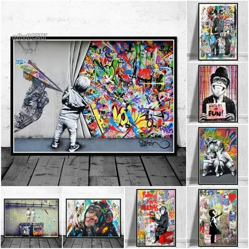 Abstract Banksy Graffiti Posters Wall Picture Funny Monkey Street Canvas Painting Wall Art Posters for Home Boys Bedroom Bar Decor No Frame Wo6