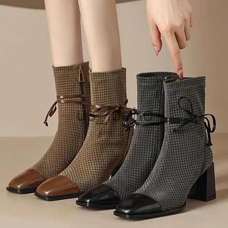 Boots hiver nouvelles femmes hautes chaussures chunky carré orteil archet chrelsea bottines tendance trente rétro bottes à fermeture éclair pompes bottes de chaussettes J230818