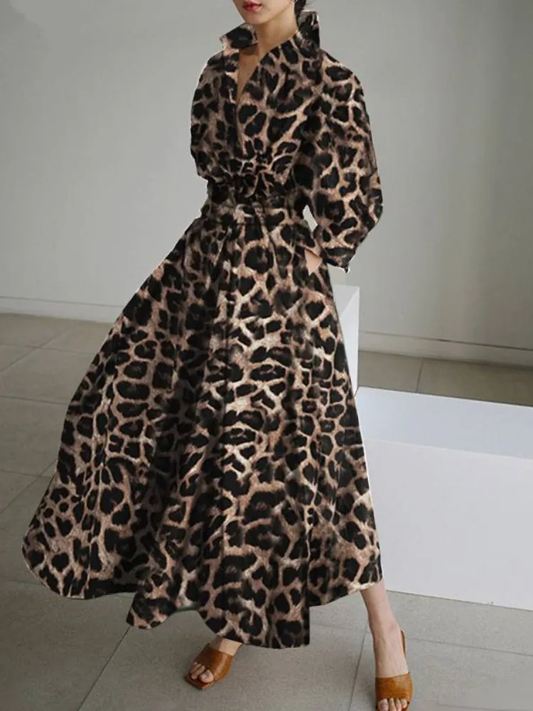 Korean Fashion Long Sleeve Shirt maxi dress with Turndown