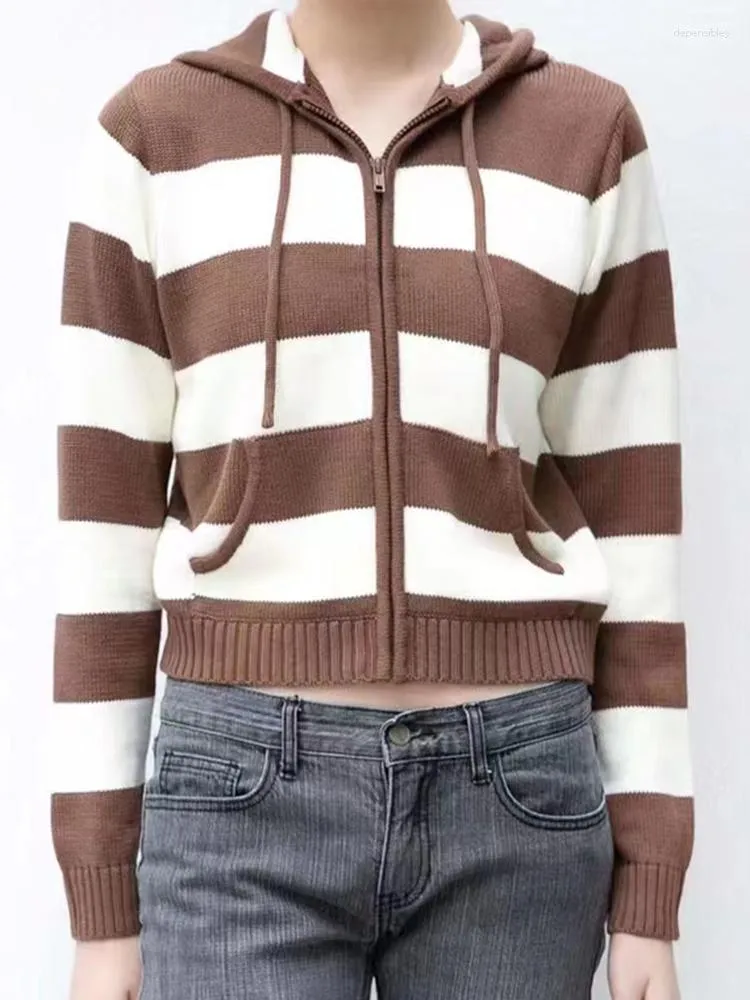 Tricots de tricots Brown Striped Zipper Cardigan Femmes Automne Automne Coton Soft Cotton chaud Sweater à capuche en tricot à manches tricots Vintage Classic Y2K Tops