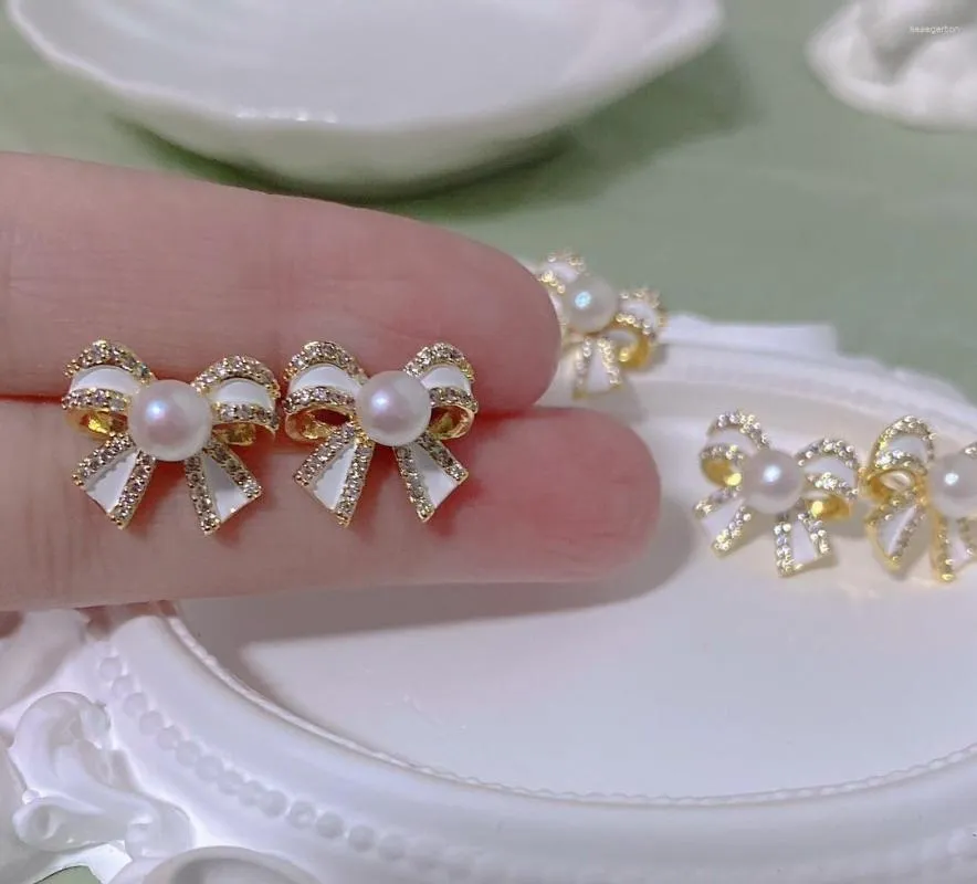 Kolczyki do stadningu naturalny słodkowodny perłowy błyszczący kryształowy bownot 14 -krotny złoto wypełnione damami biżuteria na prezenty dla kobiet