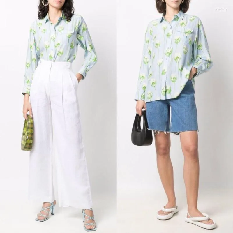Kvinnor BLOUSES 2023 Summer Kvinnor Texture Sense Pearl Satin Liten Fresh Blue Bottom Green Jacquard Silk Långärmad skjorta