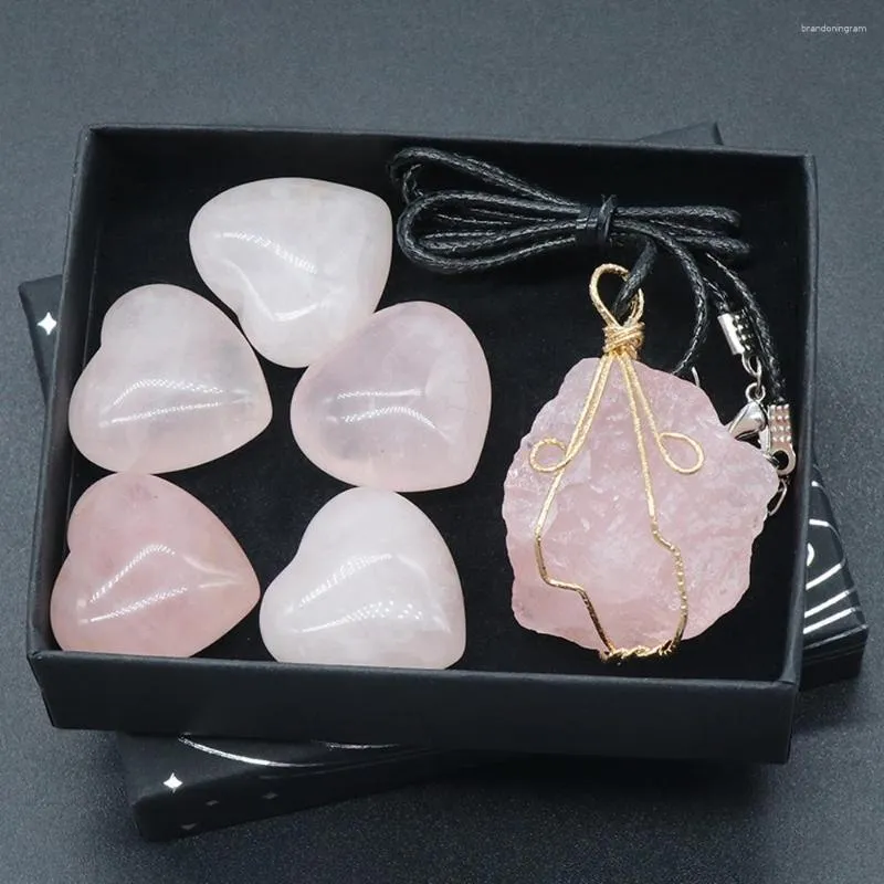 Серьги ожерелья устанавливают натуральные розовые кварцевые кварцевые формы сердца каменные агаты подвеска для женщин мужчины ювелирные вечеринки подарки