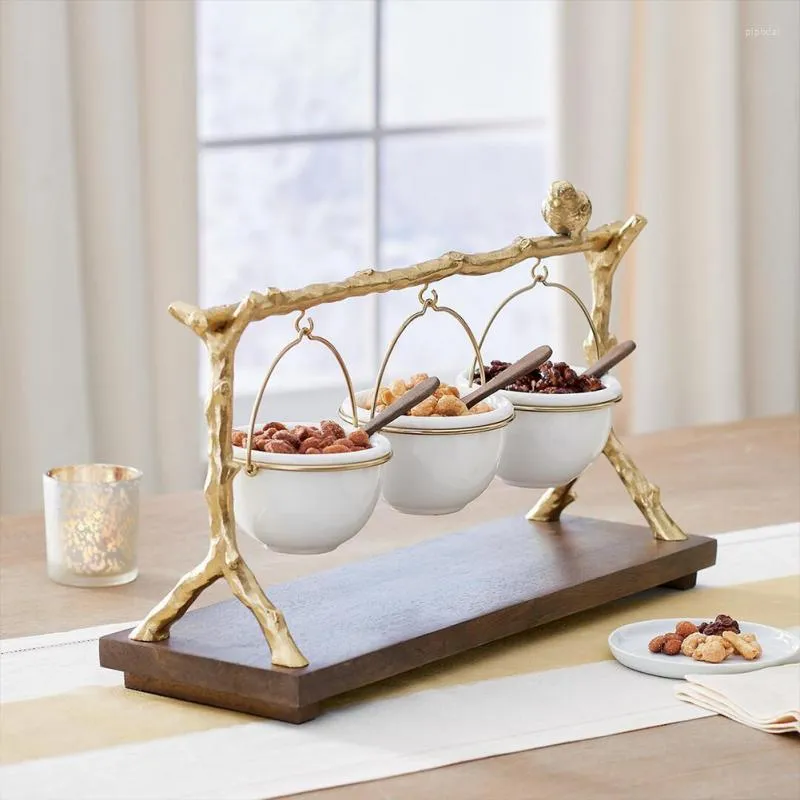 Plates Festival Snack Bowl Stand 3 Bowls Golden Oak Branches Rack Party Buffet Dessert Fruit Afternoon Tea Display Tray Tray