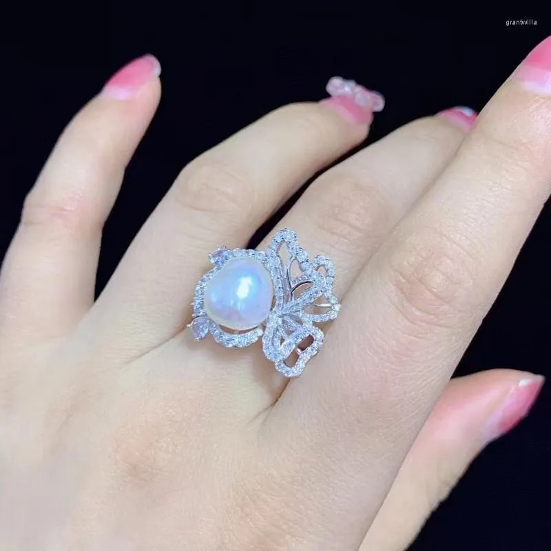 Кластерные кольца натуральное кольцо с пресной водой для женщин Женщины Чистые украшения 925 Серебное серебро с бабочкой циркона дизайн