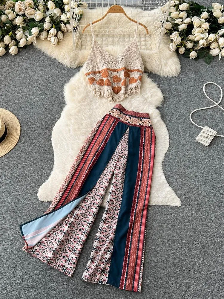 Women's Two Piece Pants Bohemian Summer Vacation Beach Sets Knitted Camisole Top And Printed Thin Loose Wide Leg Chiffon Suits