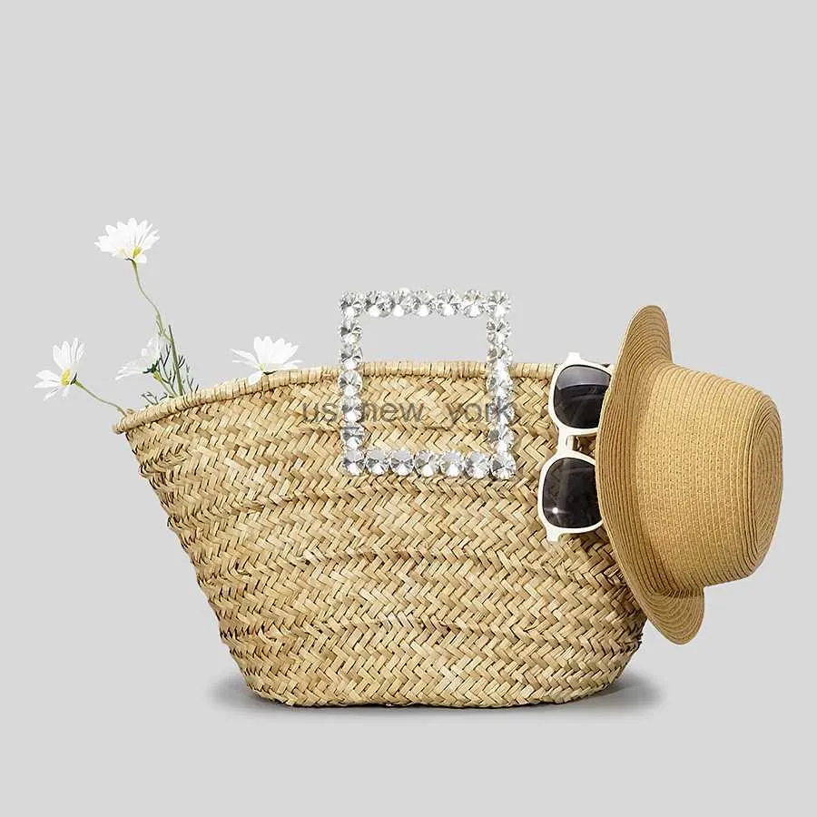 Totes Fashion Diamonds Handle Rattan Basket Bag Wicker Woven Women Handbags Causal Summer Beach Large Bucket Bags Big Bali Straw Purse HKD230818