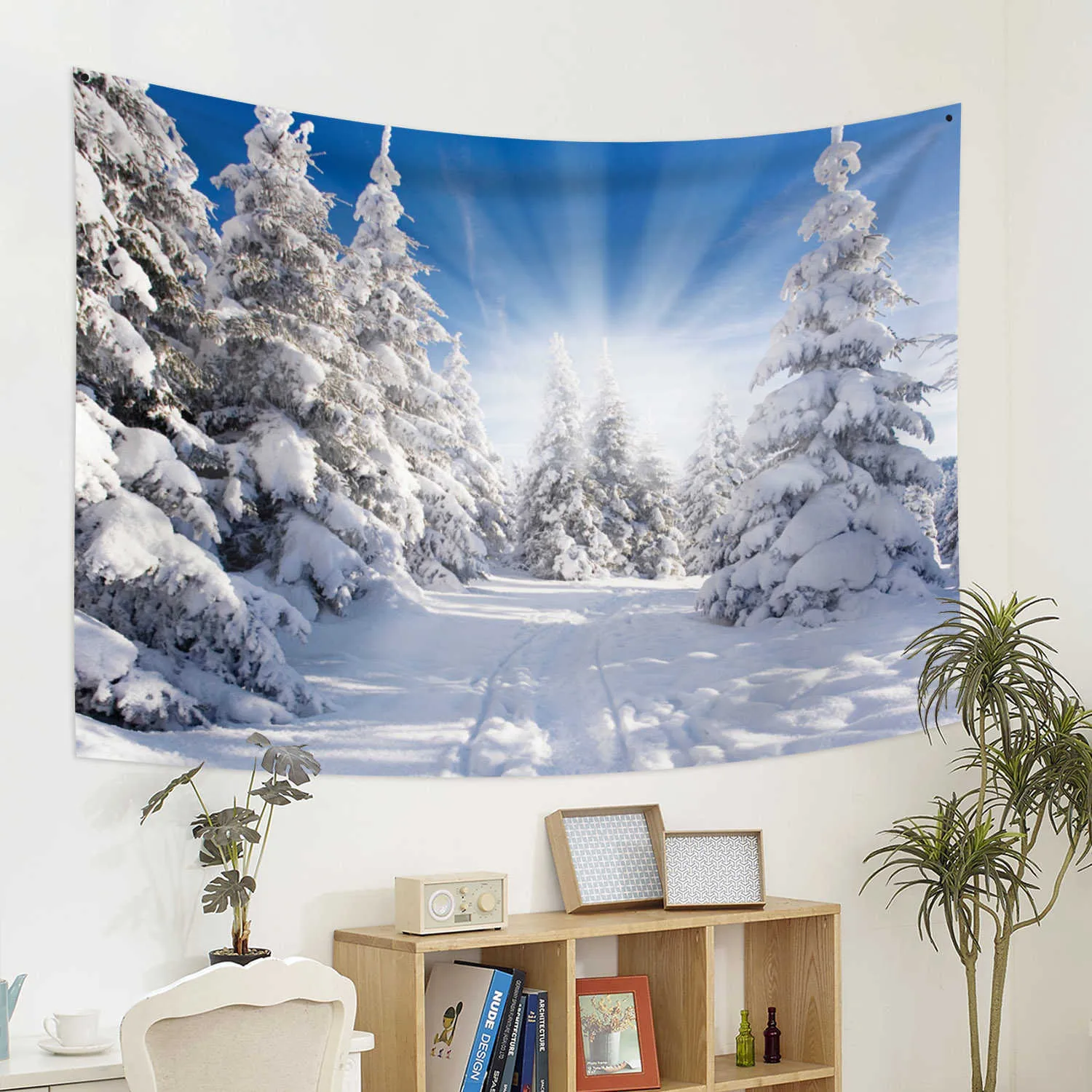 Wandtapijten Sneeuw Bos Tapijt Bomen in Besneeuwde Jungle Muur Hangende Deken Winterlandschap Wandtapijten voor Slaapkamer Woonkamer Muur Decor