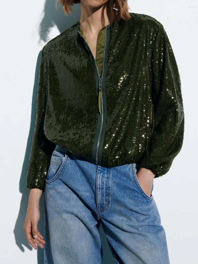 Giacche da donna bombardiere di paillettes per donne giacca oversize verdi da donna manica lunga cappotto da streetwear 2023