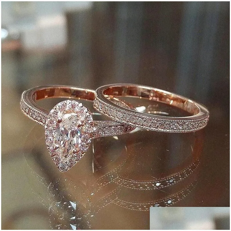 Band Rings Fashion Rose Gold Plated Design 2Pcs Cz Women Engagement Wedding Ring Set Drop Delivery Jewelry Dhdzs