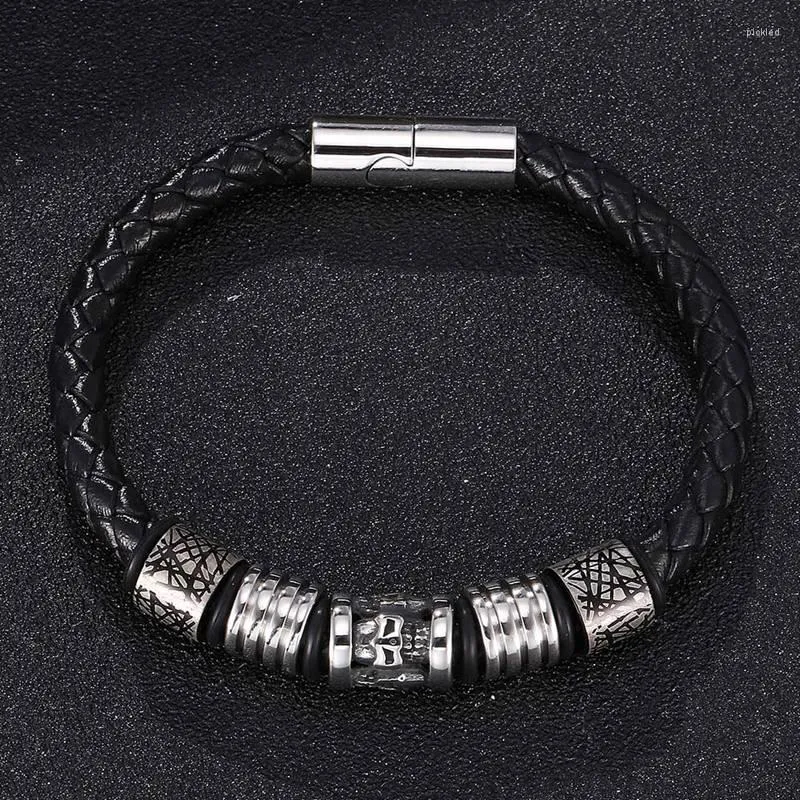 Bracelets de charme EST Bracelet tressé en cuir Men Aimant en acier inoxydable fermoir Bijoux de crâne pour l'homme cadeau de bracelet punk SP0417