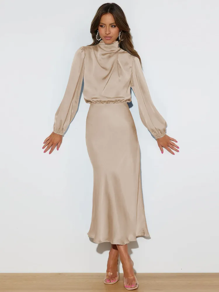Basic casual jurken voor dames 2023 Autumn Satin Long Sheeves Elegant Party Koreaanse mode Loose Draai's Clothing 230817