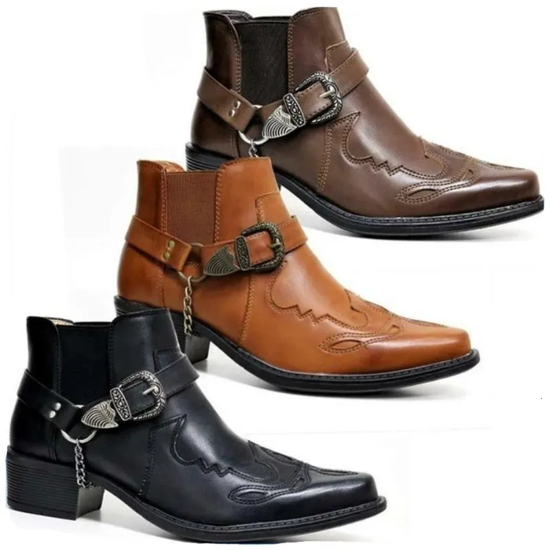 Veiligheidsschoenen mode heren vintage cowboylaarzen lederen hoge topketen gesp punk puntige teen biker mannen 230816