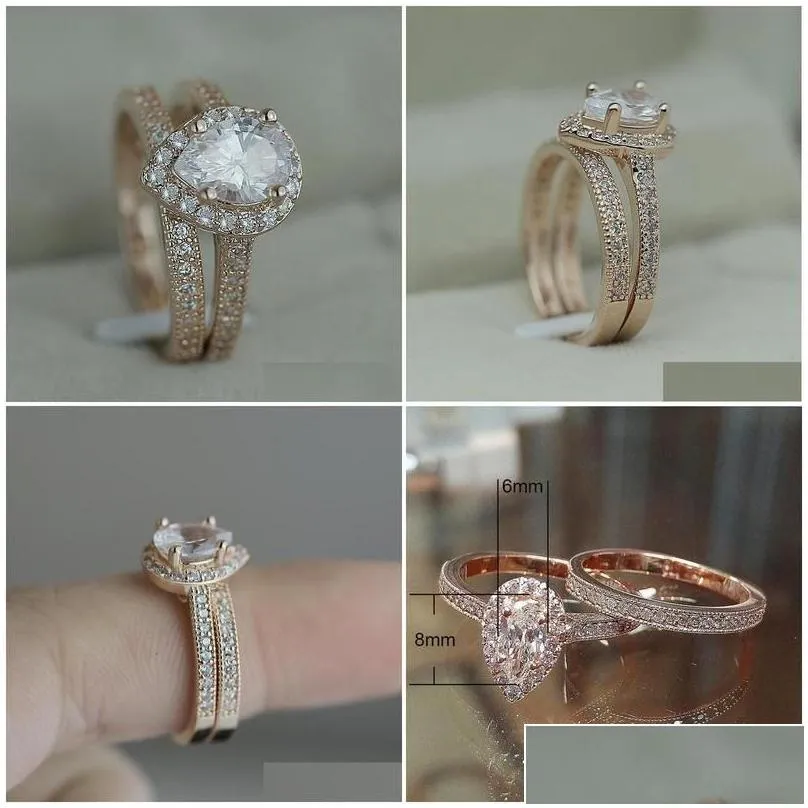 Band Rings Fashion Rose Gold Plated Design 2Pcs Cz Women Engagement Wedding Ring Set Drop Delivery Jewelry Dhdzs