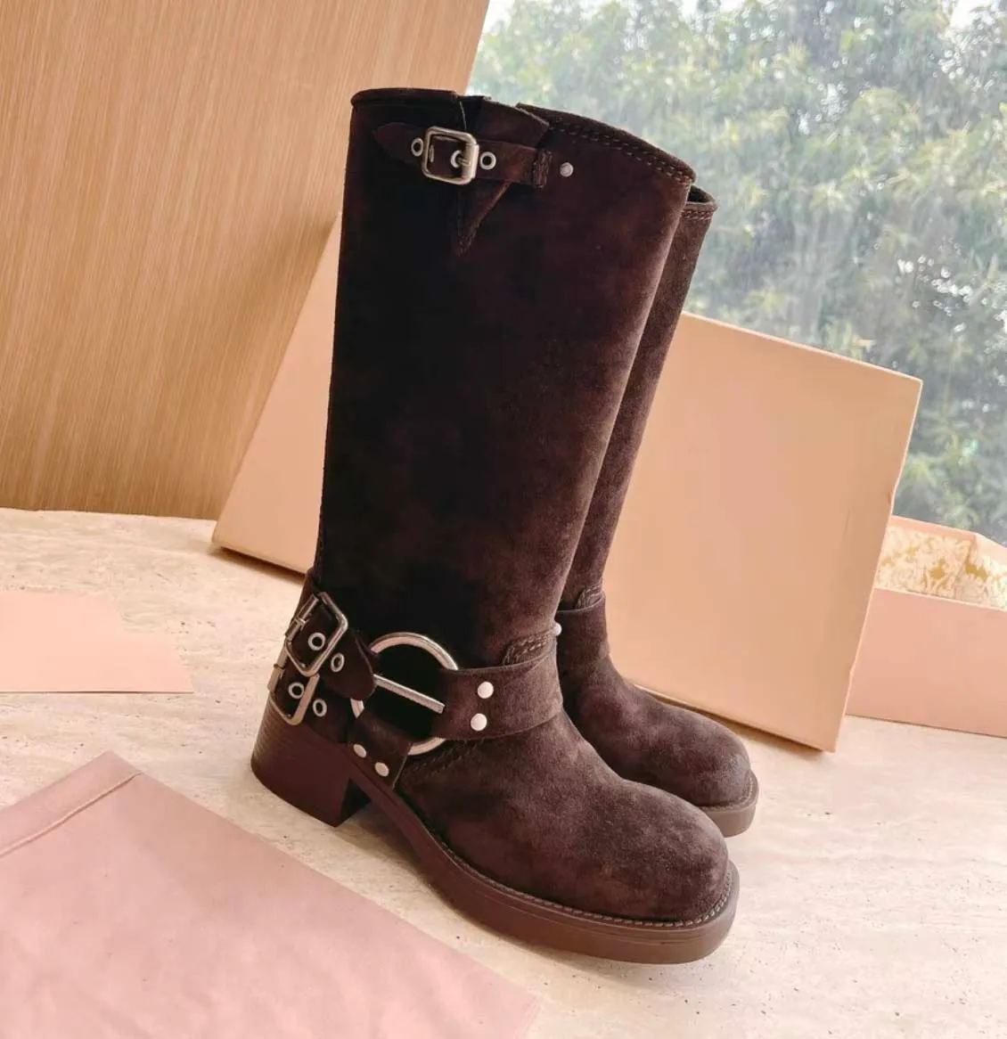 Womens Designer Cowhide Leather Biker Buckle Boots With Harness Belt